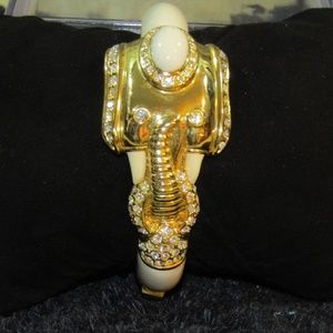 Gold Tone Elephant Bangle Bracelet with Rhinestone